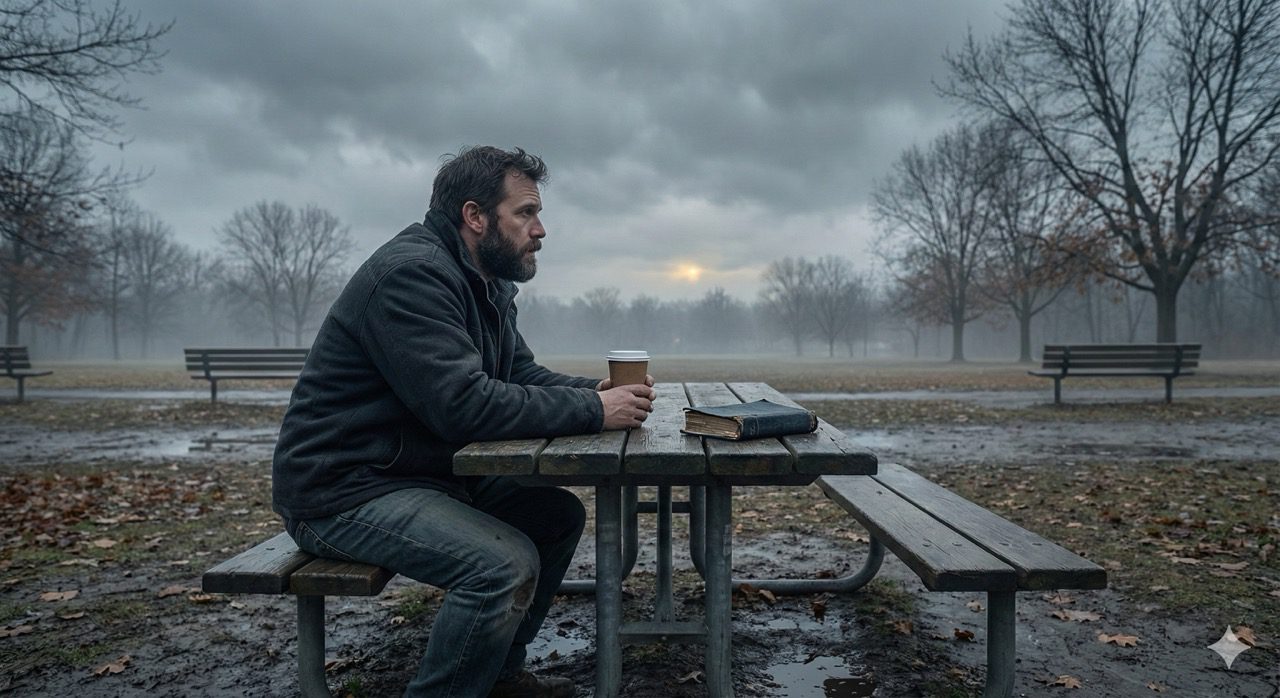 A pensive man sitting alone at a wooden picnic table in a foggy park, holding a coffee cup with a Bible resting nearby.