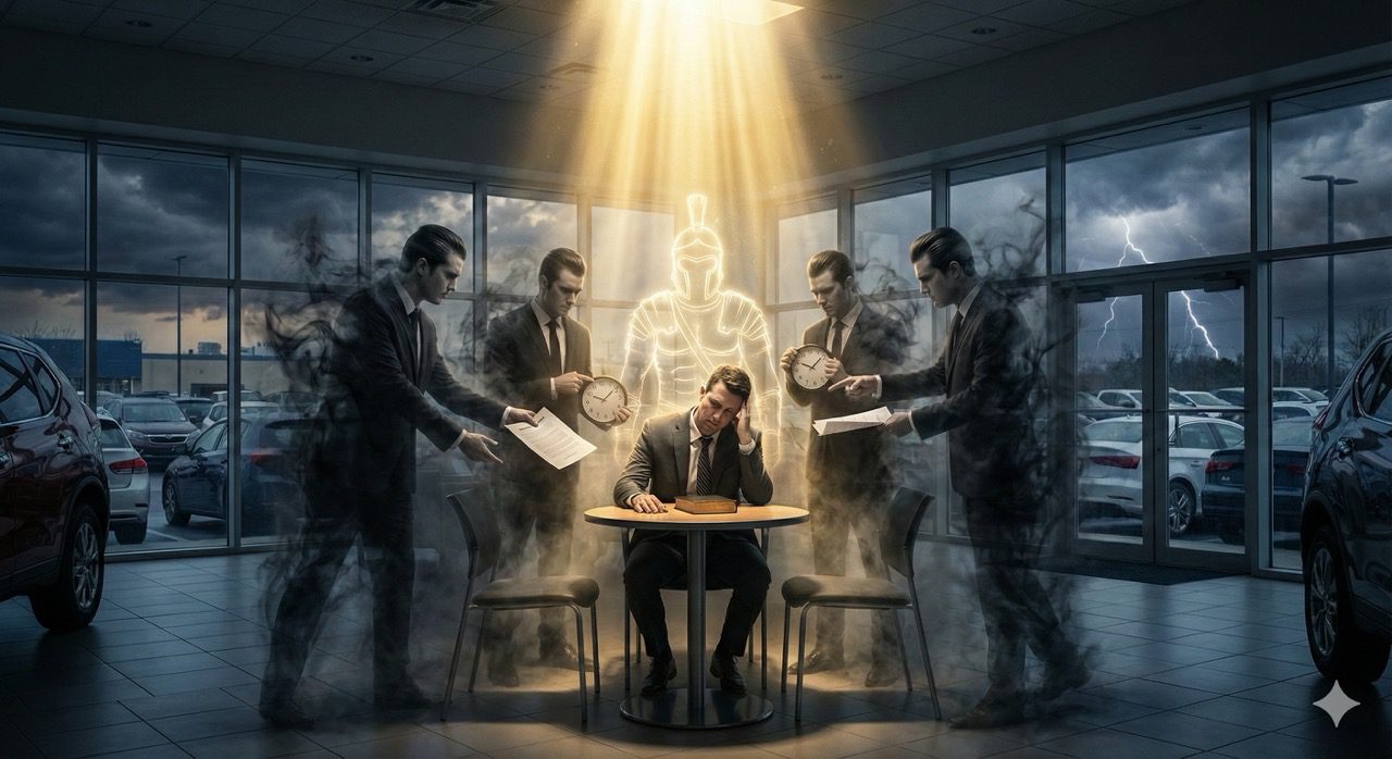 A man sitting at a dealership table surrounded by shadowy figures with clocks and papers, while a glowing spiritual warrior stands behind him.