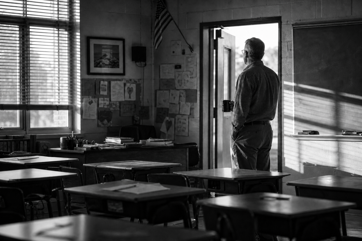 A teacher pauses with a coffee mug in a quiet classroom at the end of the day