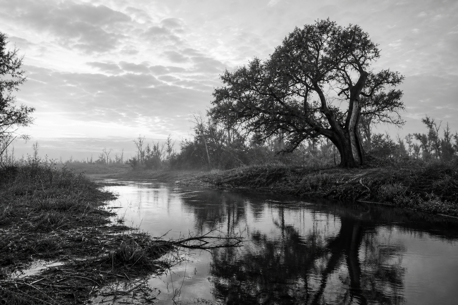 A weathered oak tree rooted beside a quiet stream beneath a stormy sky, reflected in the water.