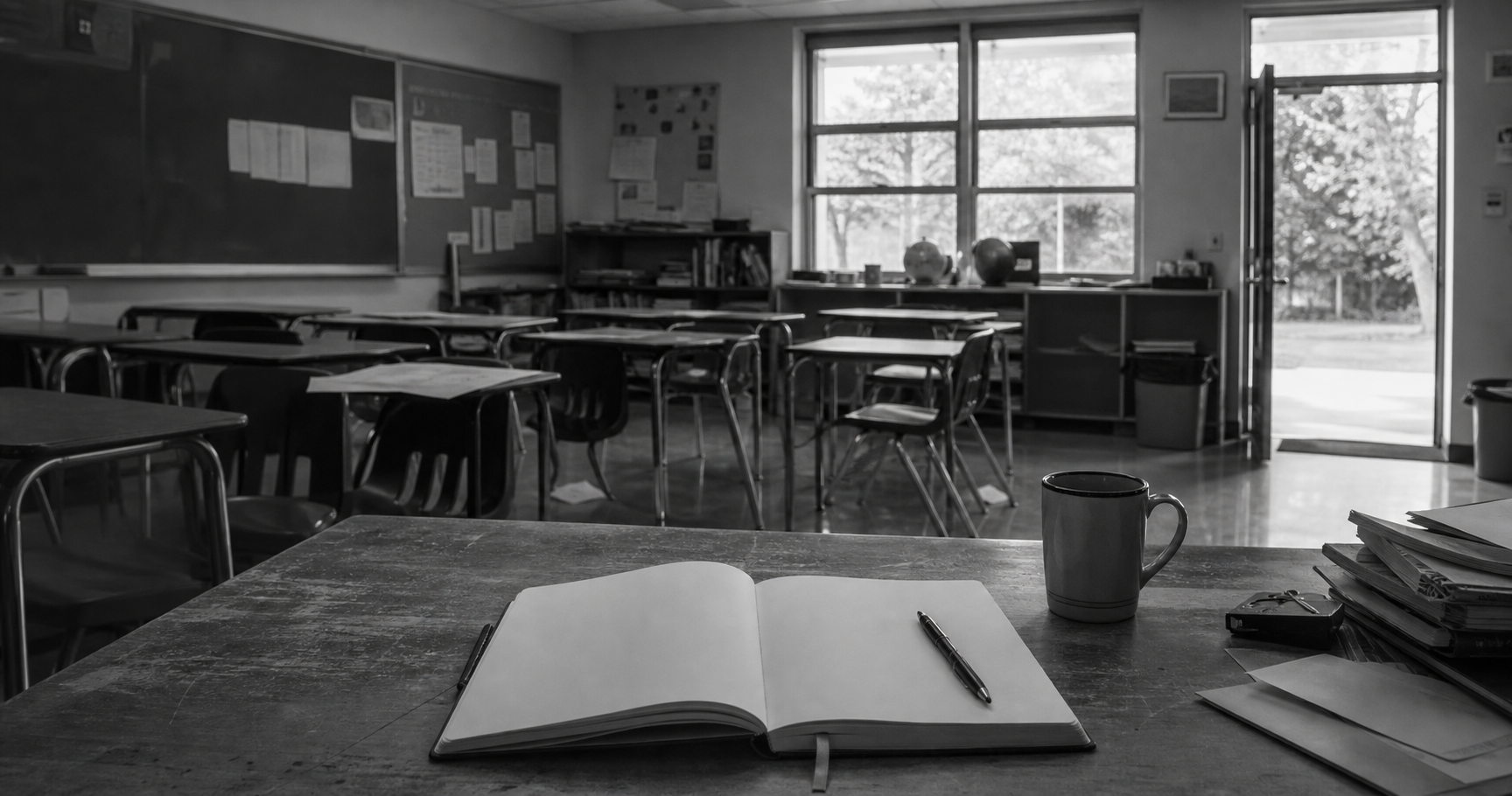 An empty classroom viewed from a teacher's desk, with an open notebook, pen, and coffee mug in the foreground.