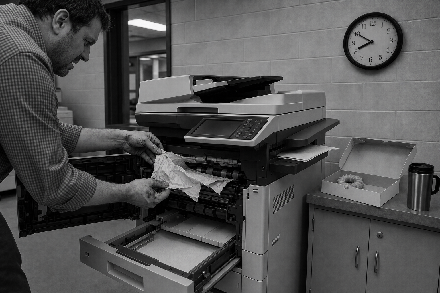 A teacher with toner-smudged hands pulls crumpled paper from a jammed copier before class