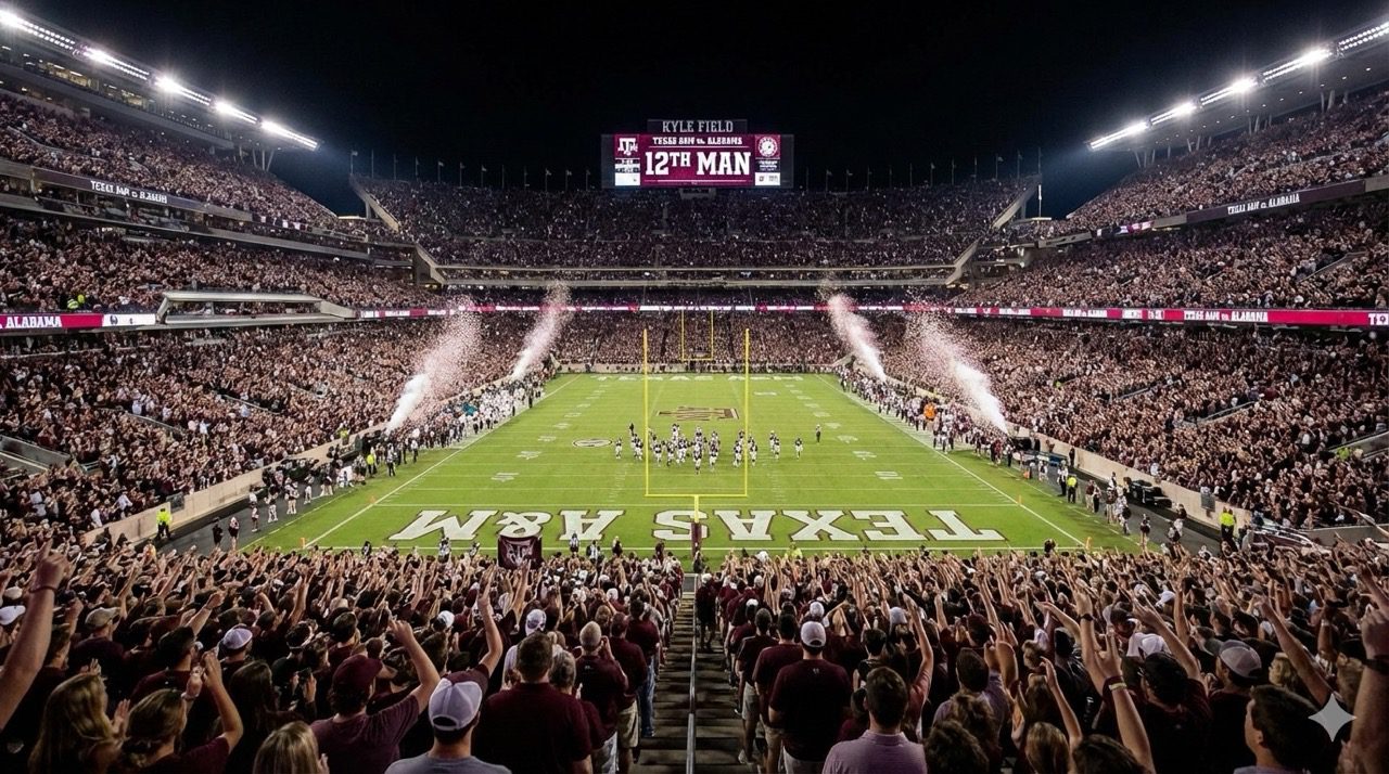 Panoramic view of a packed Kyle Field at Texas A&M at night with the Jumbotron displaying "12TH MAN" and the crowd standing.