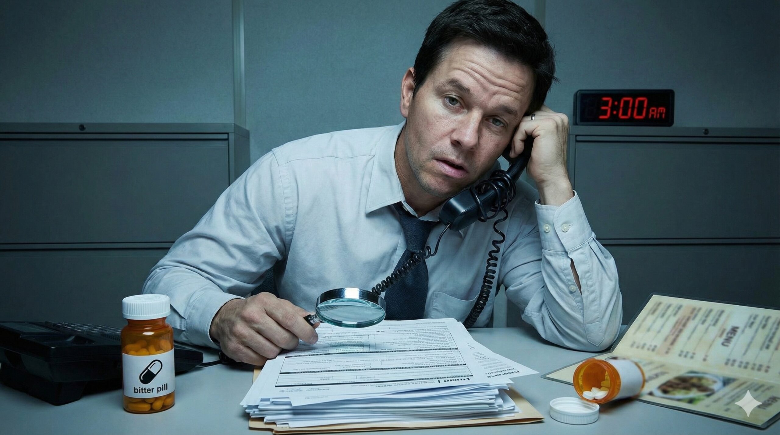 Exhausted man in a shirt and tie holding a phone receiver at a desk covered in paperwork and pill bottles, looking defeated under a digital clock reading 3:00 AM.