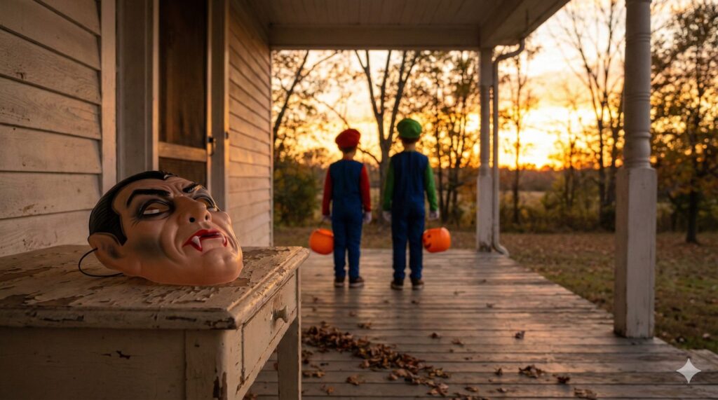 A vintage plastic Dracula mask resting on a weathered porch table, with two boys dressed as Mario and Luigi standing in the background during an autumn sunset.
