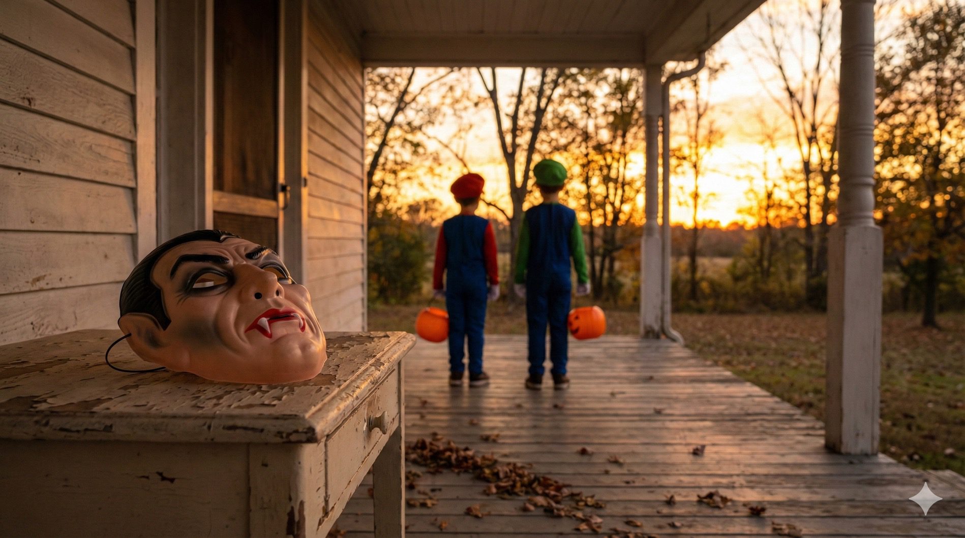 A vintage plastic Dracula mask resting on a weathered porch table, with two boys dressed as Mario and Luigi standing in the background during an autumn sunset.