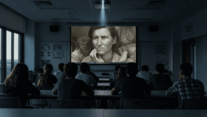 A classroom projector screen displaying a black-and-white image of a Dust Bowl family, with the silhouette of a teacher standing in the foreground.