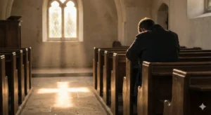 A solitary man sitting in a wooden church pew with his head bowed in prayer, while sunlight streams through a window forming a cross shape on the stone floor.