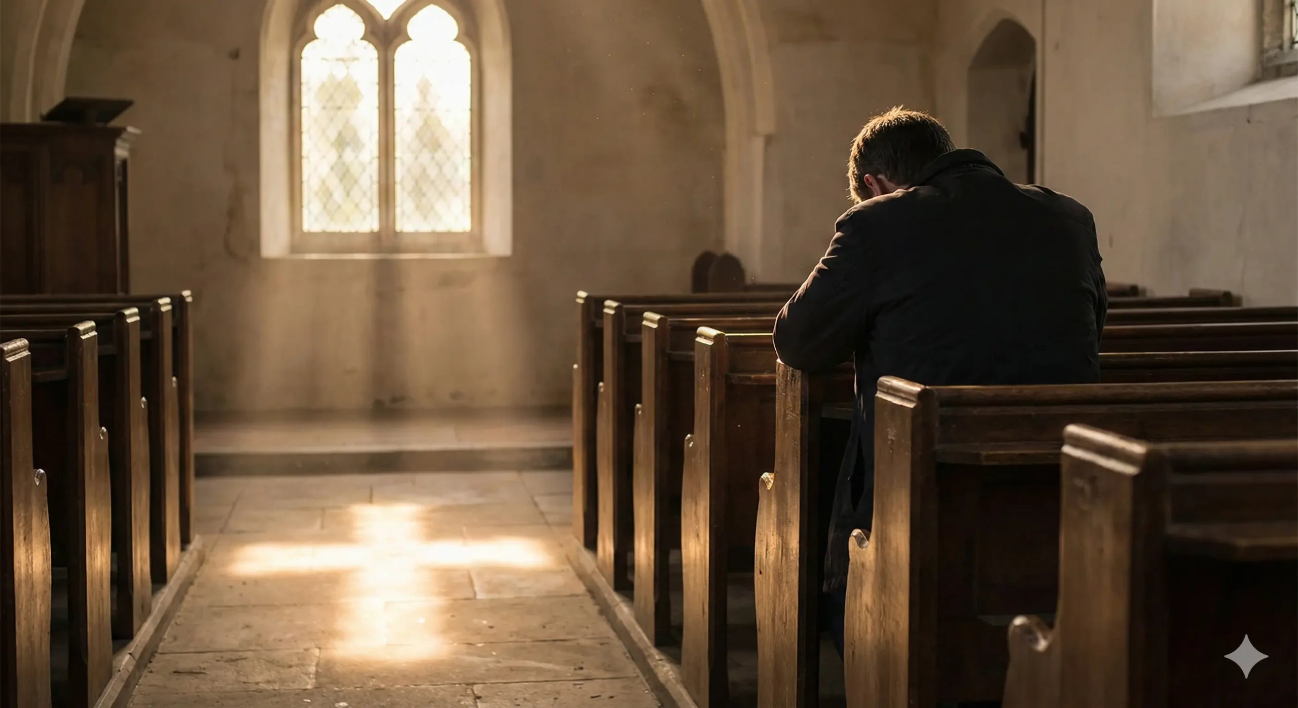 A solitary man sitting in a wooden church pew with his head bowed in prayer, while sunlight streams through a window forming a cross shape on the stone floor.