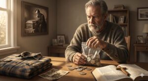 Elderly man sitting at a desk holding a bag of half-dollar coins near an open Bible, with a portrait of a grieving Abraham Lincoln on the wall behind him.