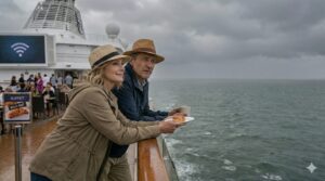 A middle-aged couple wearing straw hats leans against a cruise ship railing, looking out over a gray, choppy ocean.