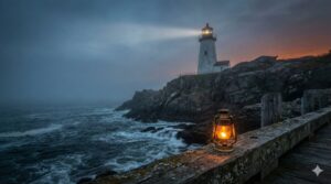 A scenic lighthouse beaming light at twilight on a rocky coast, with a small lit oil lantern sitting on a wooden pier in the foreground.