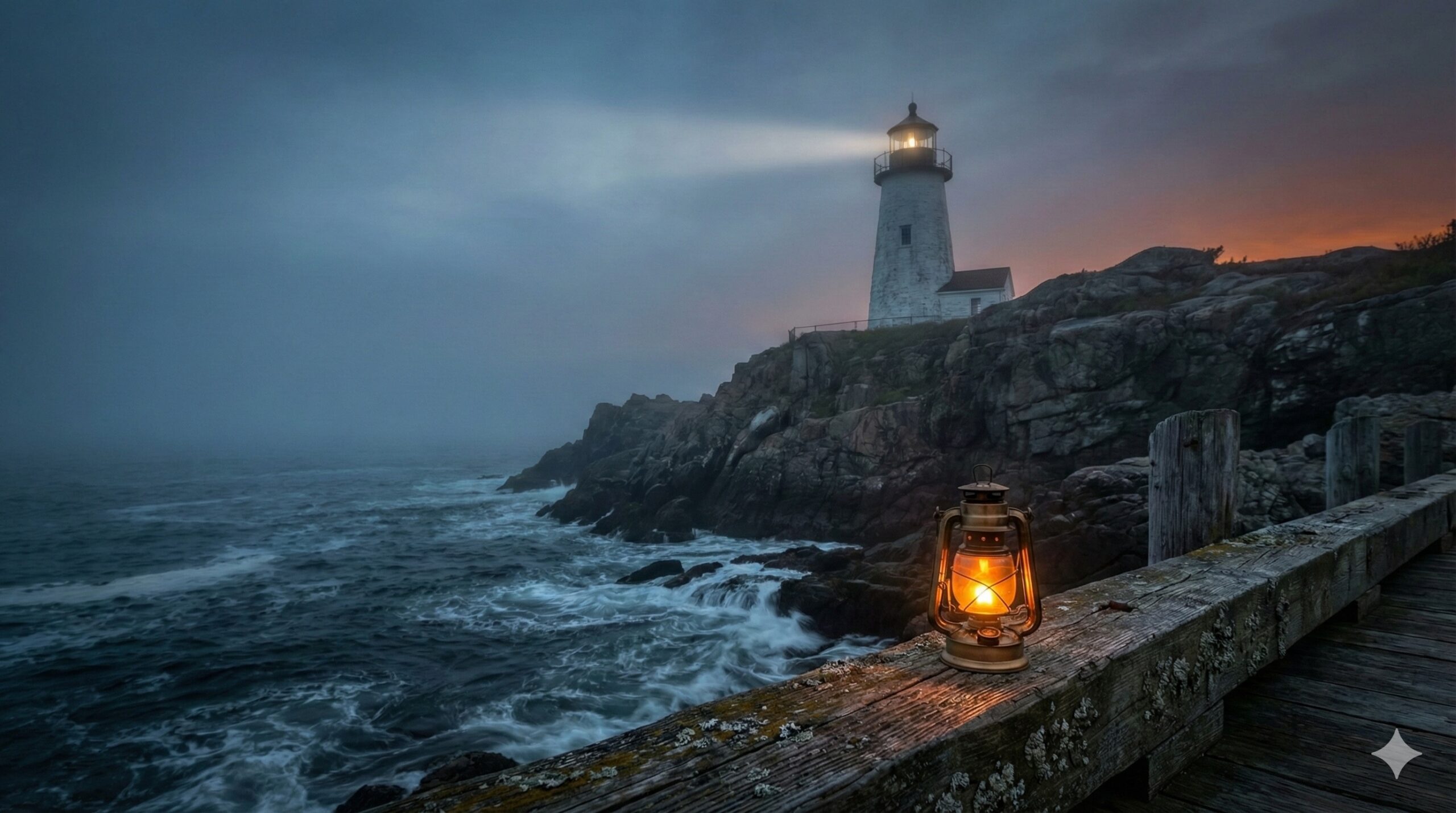 A scenic lighthouse beaming light at twilight on a rocky coast, with a small lit oil lantern sitting on a wooden pier in the foreground.