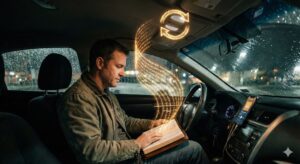 Man sitting in a car at night reading a book, with glowing golden text and a refresh icon swirling above his head.