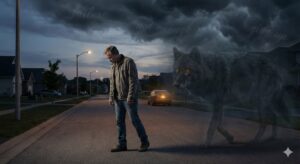 A weary man walking down a suburban street at twilight, trailed by a large, shadowy wolf representing discouragement, with words like "failure" and "give up" floating in the storm clouds above.