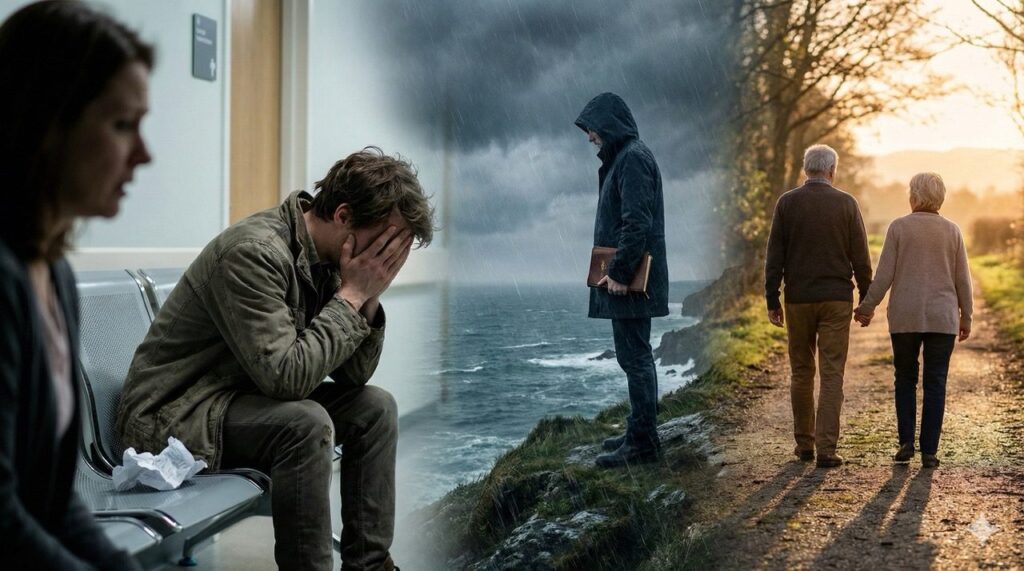 A narrative collage showing a distressed man in a hospital waiting room, a figure standing in a coastal storm, and an older couple walking hand-in-hand down a peaceful wooded path.