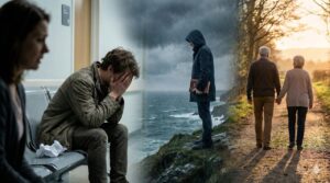 A narrative collage showing a distressed man in a hospital waiting room, a figure standing in a coastal storm, and an older couple walking hand-in-hand down a peaceful wooded path.