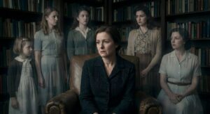 A pensive middle-aged woman seated in a leather chair, surrounded by standing, transparent figures representing younger versions of herself in a library setting.