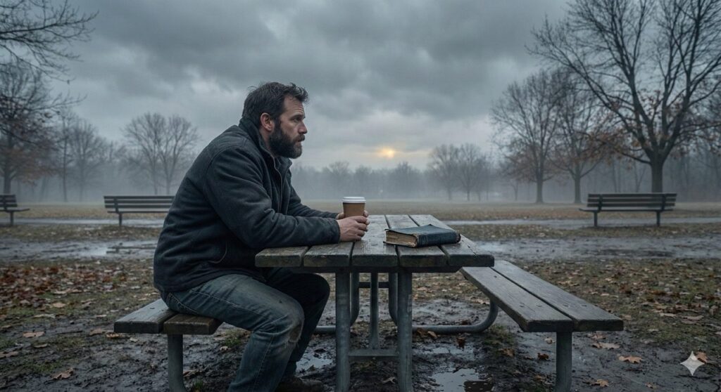 A pensive man sitting alone at a wooden picnic table in a foggy park, holding a coffee cup with a Bible resting nearby.