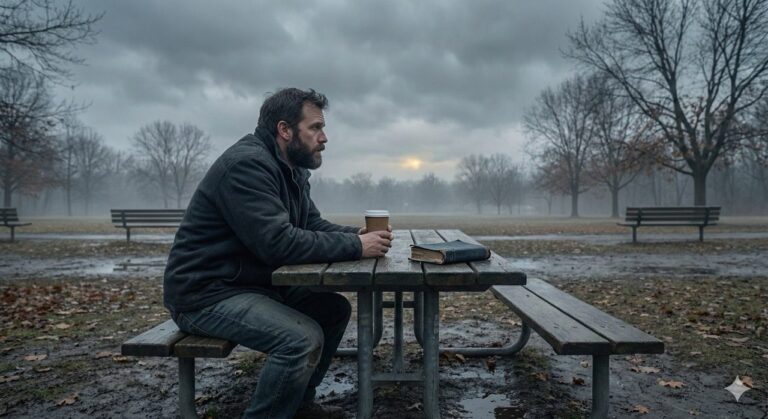 A pensive man sitting alone at a wooden picnic table in a foggy park, holding a coffee cup with a Bible resting nearby.