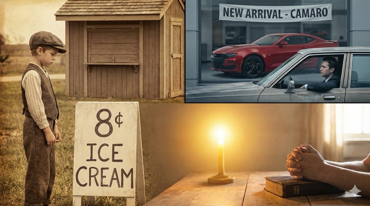 A collage featuring a young boy looking sadly at dropped ice cream, a man gazing enviously at a new red Camaro, and hands clasped in prayer beside a Bible and candle.
