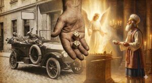 A split scene showing the assassination of Archduke Franz Ferdinand on the left and Zechariah in the temple on the right, overlaid with a hand casting dice to symbolize providence.