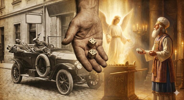 A split scene showing the assassination of Archduke Franz Ferdinand on the left and Zechariah in the temple on the right, overlaid with a hand casting dice to symbolize providence.
