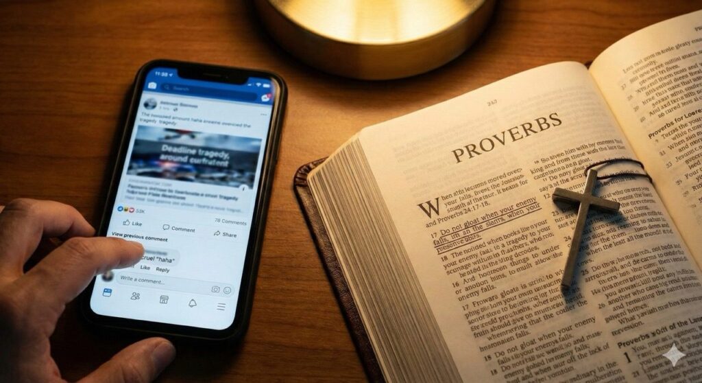 hand scrolling through social media comments on a phone next to an open Bible and a cross.