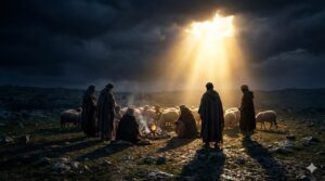 A group of shepherds in heavy cloaks gathered around a small campfire with their sheep under a dark, dramatic sky as a bright beam of light breaks through the clouds.