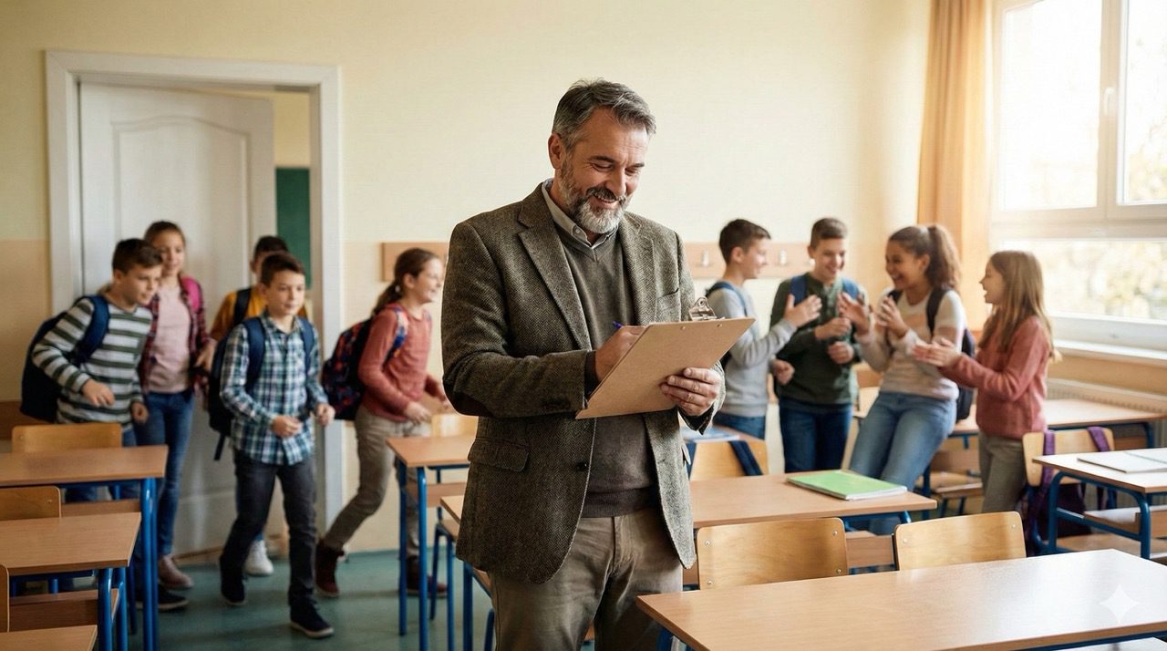 A smiling older teacher holding a clipboard stands in a classroom as a group of energetic students enters the room.