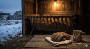 A rustic wooden manger filled with hay inside a dimly lit barn, with a pair of worn leather work gloves and a chipped coffee mug sitting on a wooden table in the foreground.