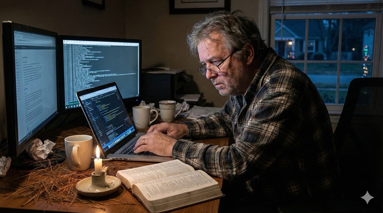 An older man with glasses sits at a cluttered desk at night, illuminated by computer screens and a single candle, typing on a laptop with an open Bible beside him.