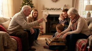 A multi-generational family—grandparents, parents, and grandsons—sharing a photo album by a fireplace and Christmas tree.