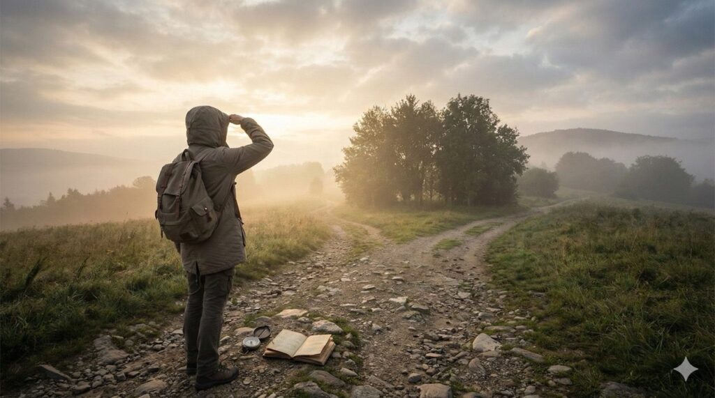 A person with a backpack stands at a fork in a misty road at sunrise, looking out toward the horizon with an open book and compass on the ground.