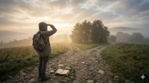 A person with a backpack stands at a fork in a misty road at sunrise, looking out toward the horizon with an open book and compass on the ground.