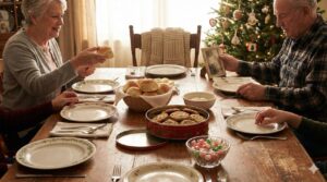 An older couple and family sharing a holiday meal with a basket of rolls and a tin of cookies, looking at a framed photo of their parents on the table.