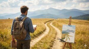 A man with a backpack stands in a grassy field looking at a winding path ahead, next to an easel displaying a painting of the same landscape.