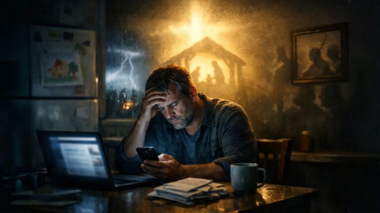 Man sits at a kitchen table staring at his phone beside a laptop and bills, looking stressed, with a glowing nativity silhouette in the background.