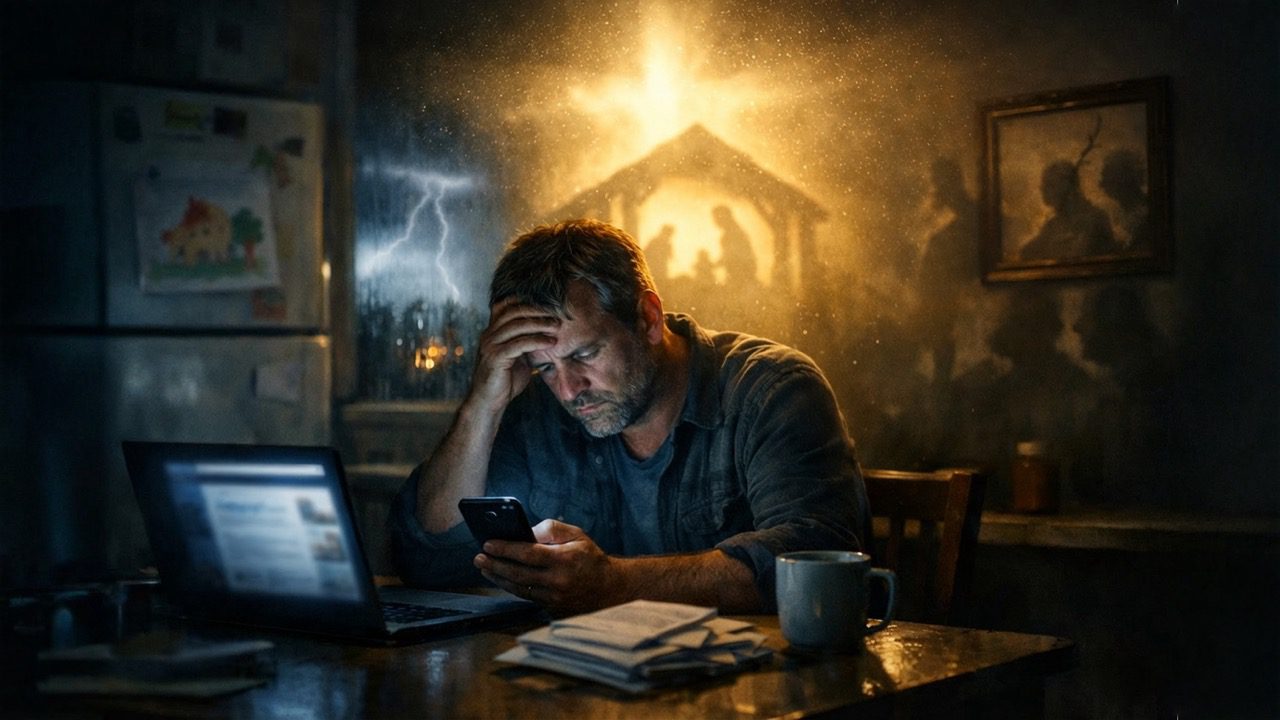 Man sits at a kitchen table staring at his phone beside a laptop and bills, looking stressed, with a glowing nativity silhouette in the background.
