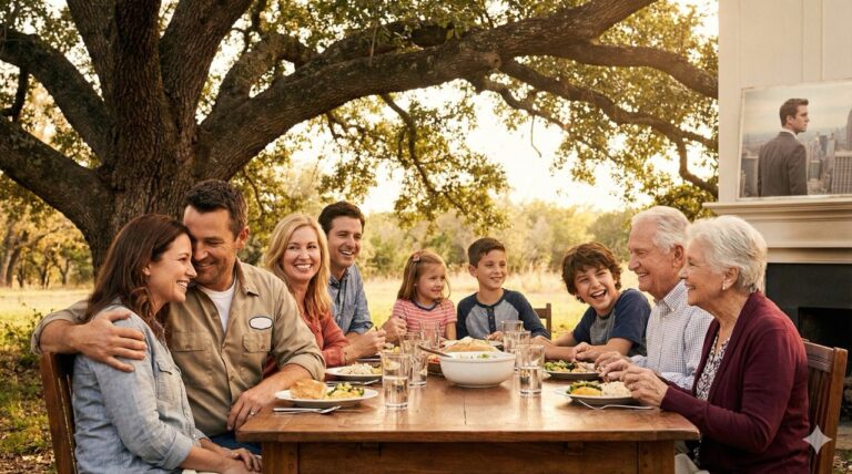 A large, multi-generational family laughing and eating together outdoors under a tree, contrasted with a somber portrait of a young businessman in a suit.
