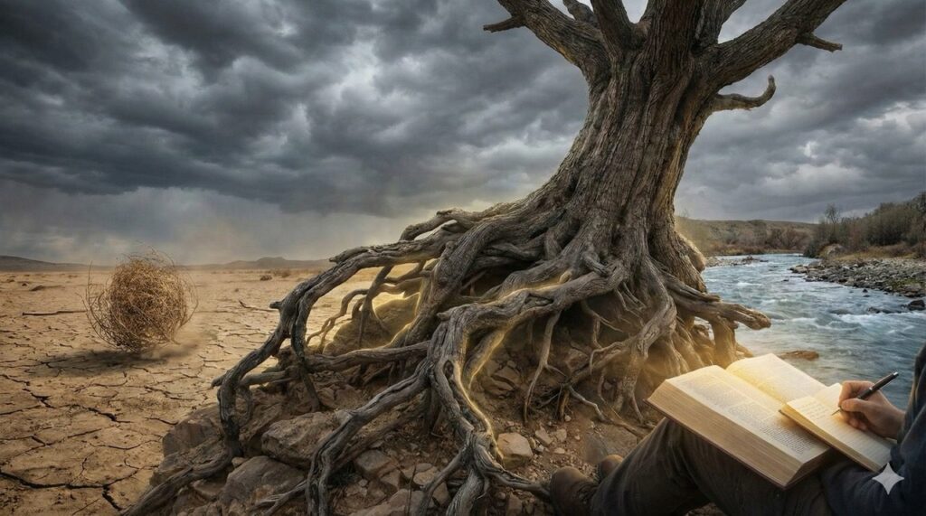 A split scene showing a dry tumbleweed in a desert on the left, contrasted with a large tree with glowing roots near a stream on the right, where a man sits journaling.