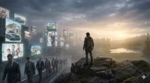 A man standing on a dark, rocky cliff overlooking a futuristic, foggy city filled with floating digital billboards displaying happy families and luxury cars.