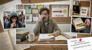 A satirical collage depicting an exhausted teacher amidst a school "Kazoo Crisis," featuring signs for "Plan Bee" and "Decaf Only."