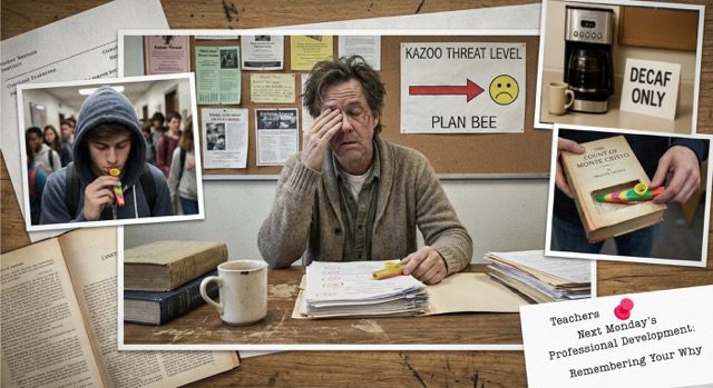 A satirical collage depicting an exhausted teacher amidst a school "Kazoo Crisis," featuring signs for "Plan Bee" and "Decaf Only."