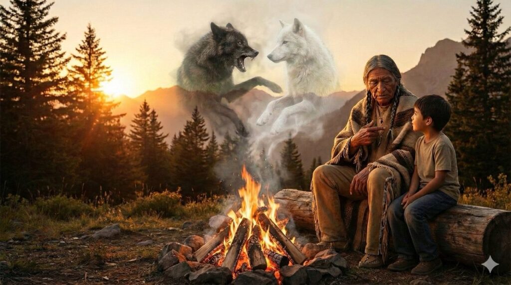 a grandfather talking to his grandson about two wolves