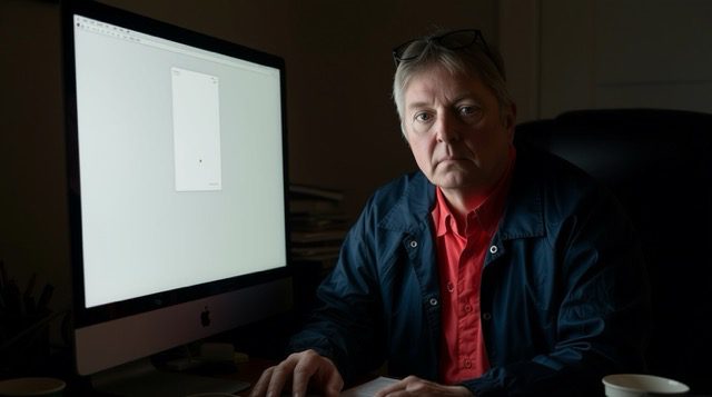 Allen Reding sitting at a desk in a dimly lit office, staring seriously at the camera, representing the universal feeling of being "stuck."