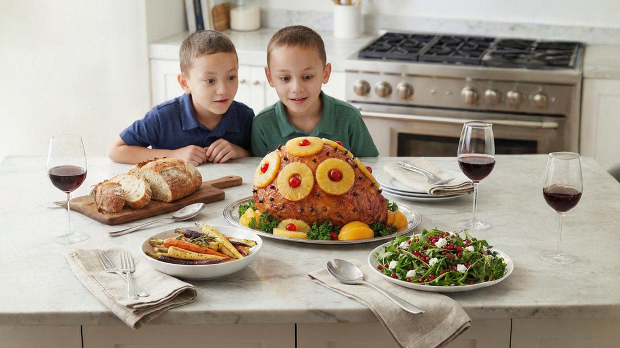 Two young boys staring in amazement at a perfectly glazed holiday ham decorated with pineapple rings on a marble kitchen counter.